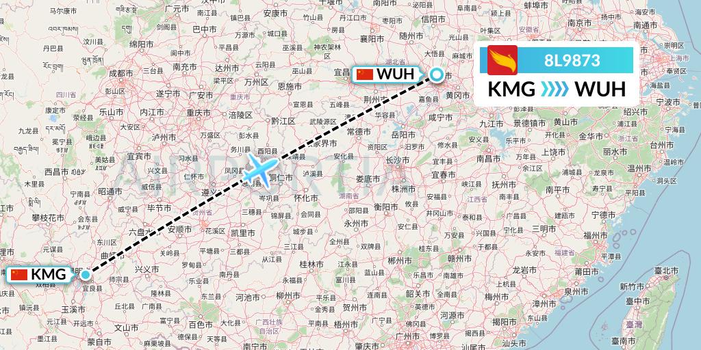 8L9873 Lucky Air Flight Map: Kunming to Wuhan