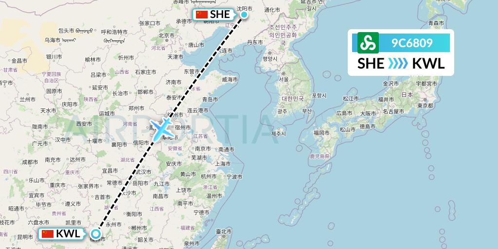 9C6809 Spring Airlines Flight Map: Shenyang to Guilin