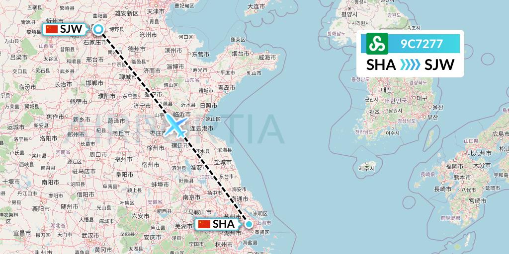 9C7277 Spring Airlines Flight Map: Shanghai to Shijiazhuang
