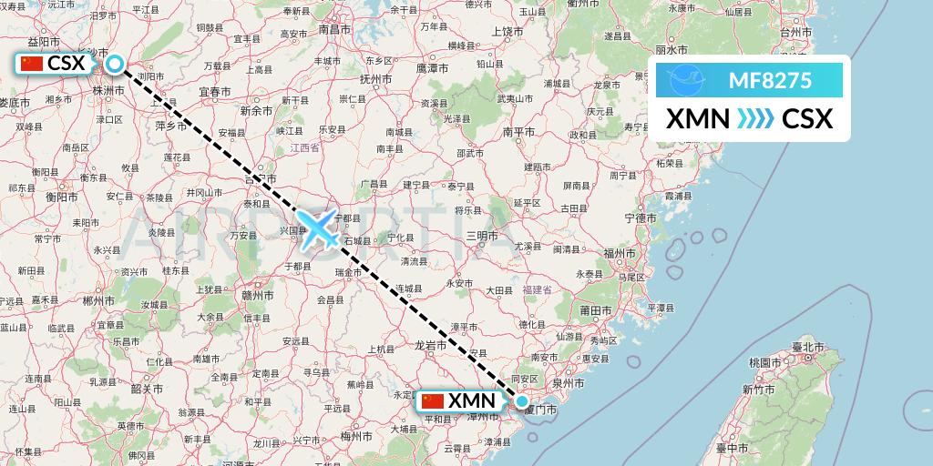 MF8275 Xiamen Airlines Flight Map: Xiamen to Changsha