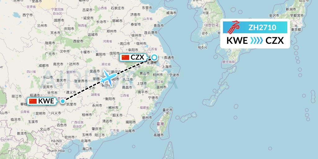 ZH2710 Shenzhen Airlines Flight Map: Guiyang to Changzhou