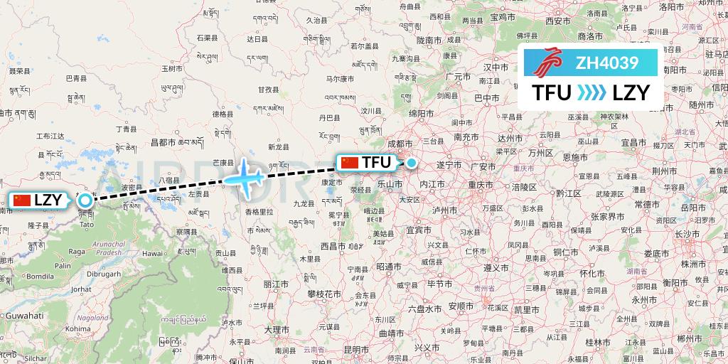 ZH4039 Shenzhen Airlines Flight Map: Chengdu to Nyingchi