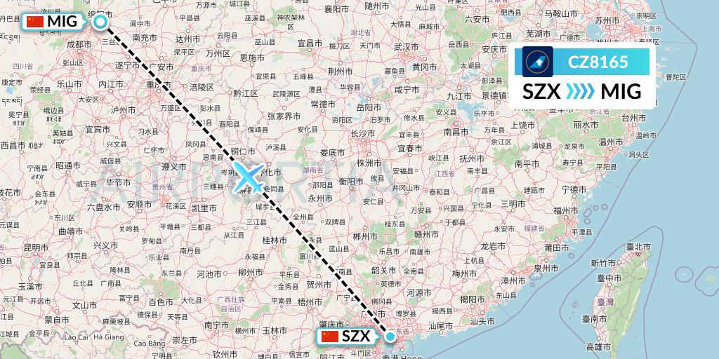 CZ8165 China Southern Airlines Flight Map: Shenzhen to Mianyang