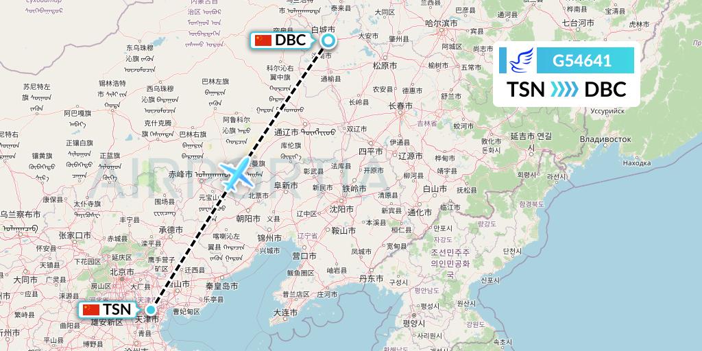 G54641 China Express Airlines Flight Map: Tianjin to Jilin