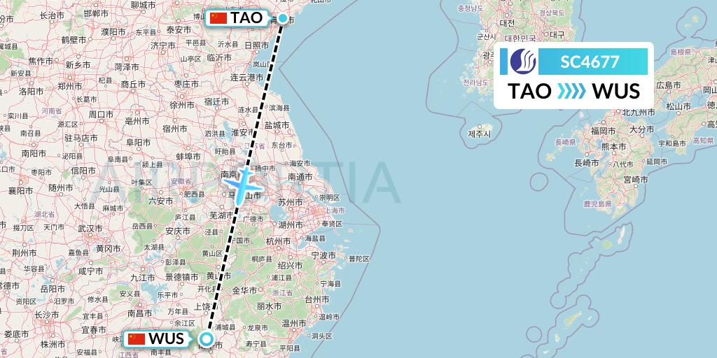SC4677 Shandong Airlines Flight Map: Qingdao to Wuyishan