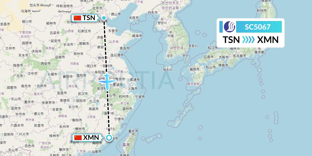 SC5067 Shandong Airlines Flight Map: Tianjin to Xiamen