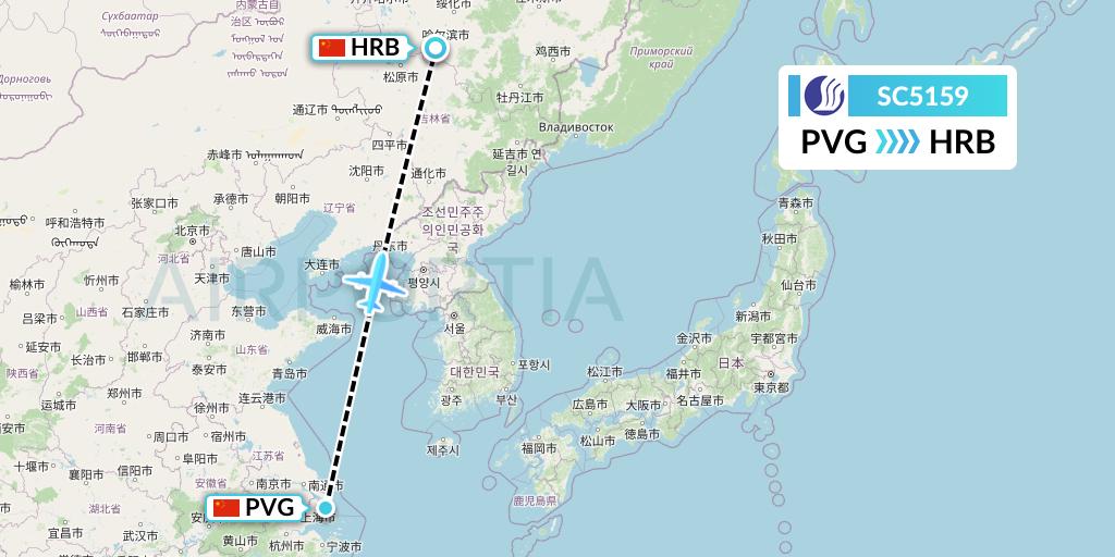 SC5159 Shandong Airlines Flight Map: Shanghai to Harbin