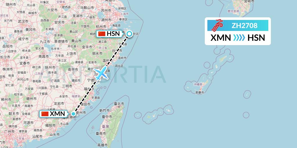 ZH2708 Shenzhen Airlines Flight Map: Xiamen to Zhoushan