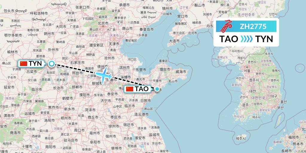 ZH2775 Shenzhen Airlines Flight Map: Qingdao to Taiyuan