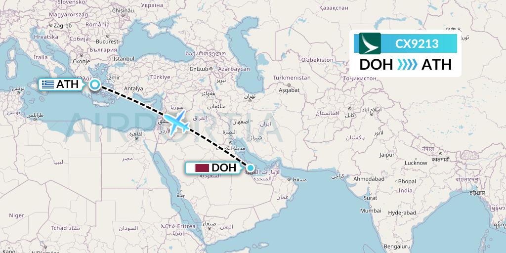 CX9213 Cathay Pacific Flight Map: Doha to Athens