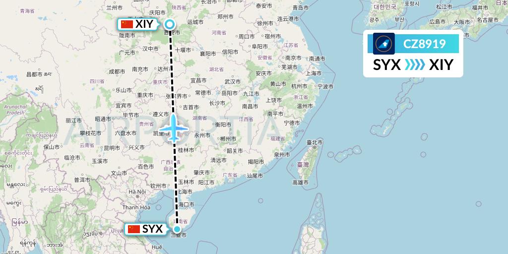 CZ8919 China Southern Airlines Flight Map: Sanya to Xi'an