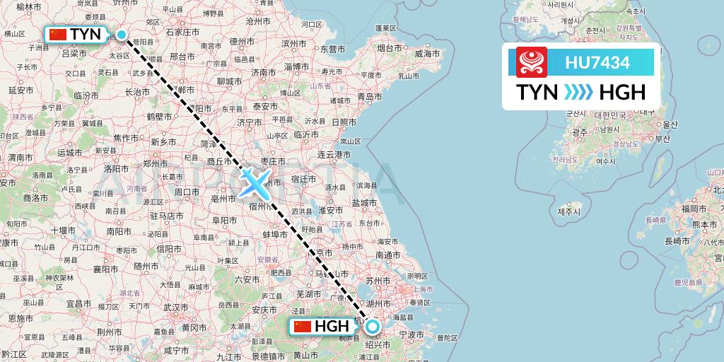 HU7434 Hainan Airlines Flight Map: Taiyuan to Hangzhou