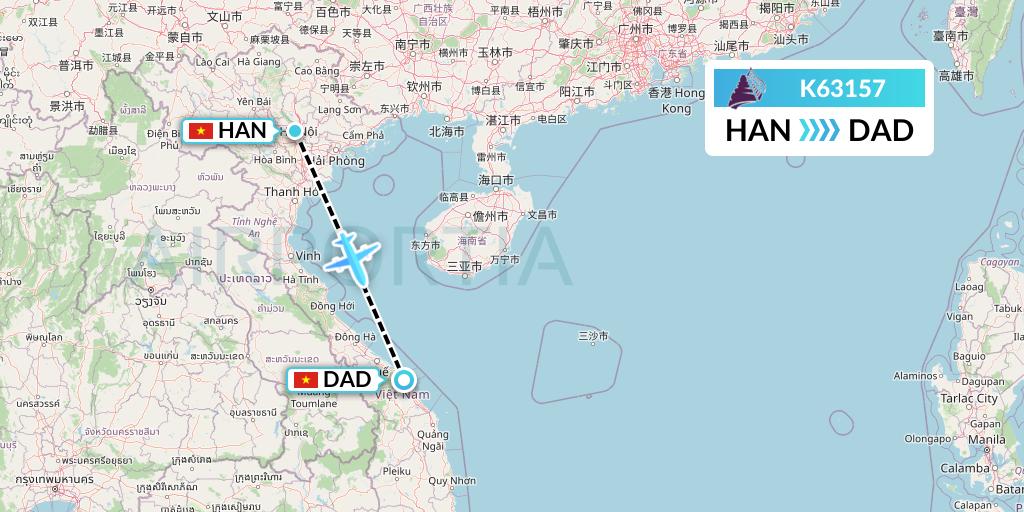 K63157 Cambodia Angkor Air Flight Map: Hanoi to Da Nang