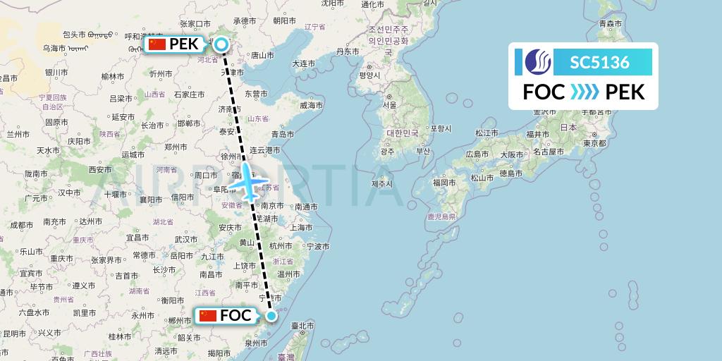 SC5136 Shandong Airlines Flight Map: Fuzhou to Beijing