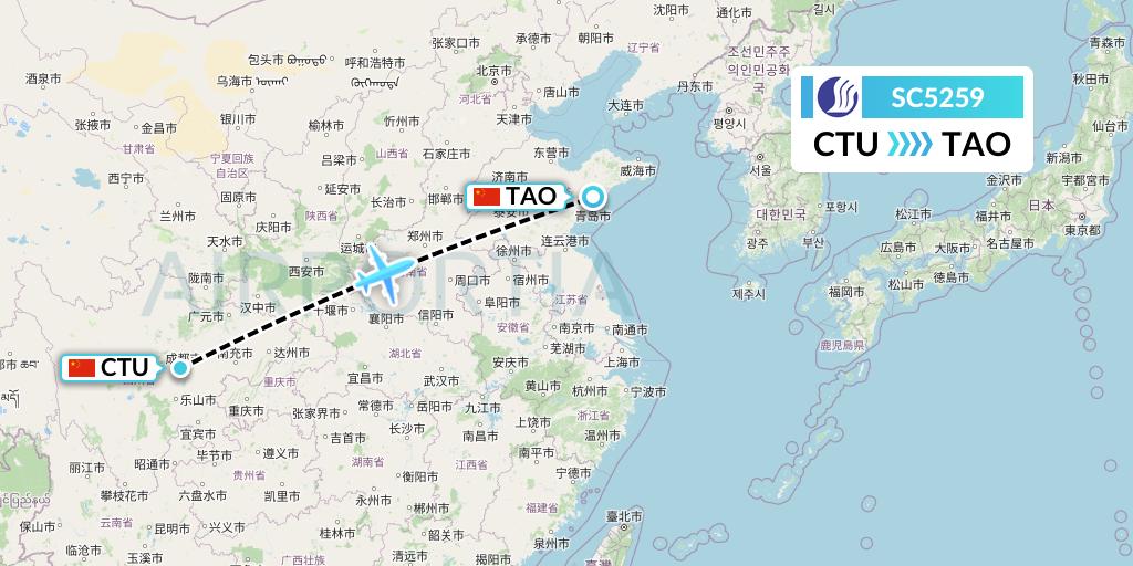 SC5259 Shandong Airlines Flight Map: Chengdu to Qingdao