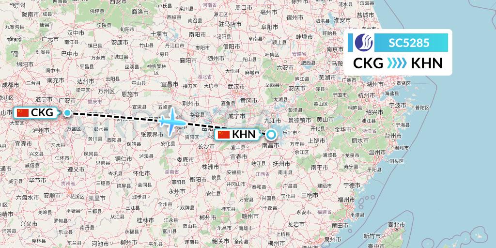 SC5285 Shandong Airlines Flight Map: Chongqing to Nanchang
