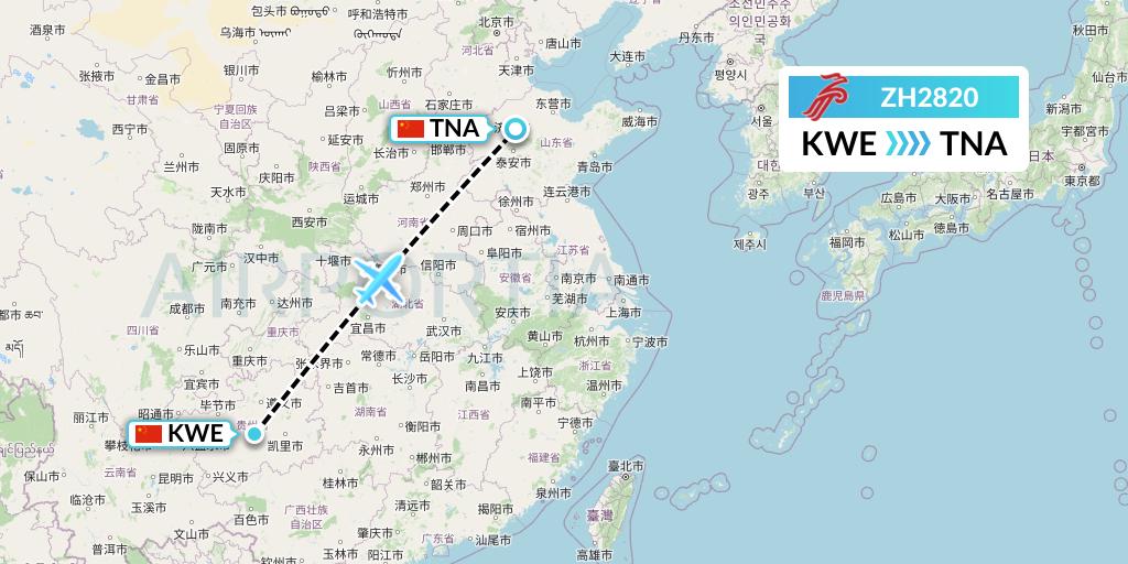 ZH2820 Shenzhen Airlines Flight Map: Guiyang to Jinan