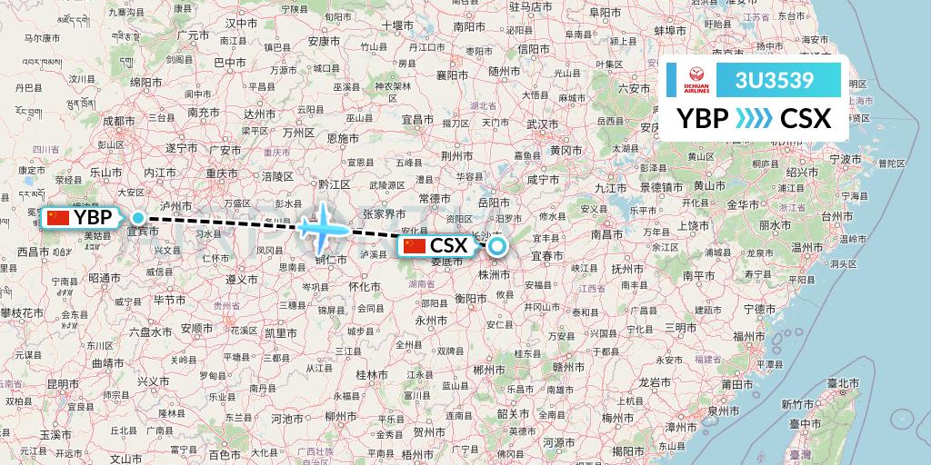 3U3539 Sichuan Airlines Flight Map: Yibin to Changsha
