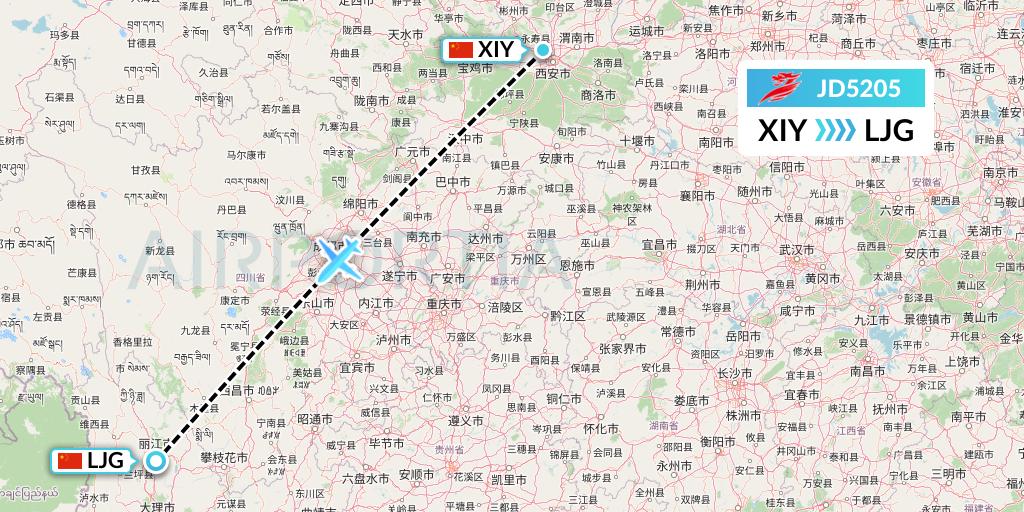 JD5205 Capital Airlines Flight Map: Xi'an to Lijiang