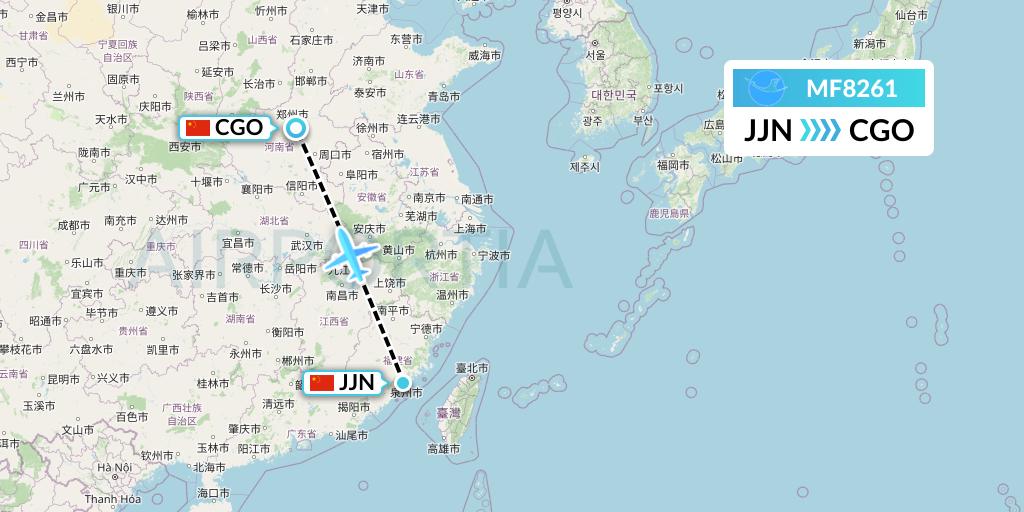 MF8261 Xiamen Airlines Flight Map: Jinjiang to Zhengzhou