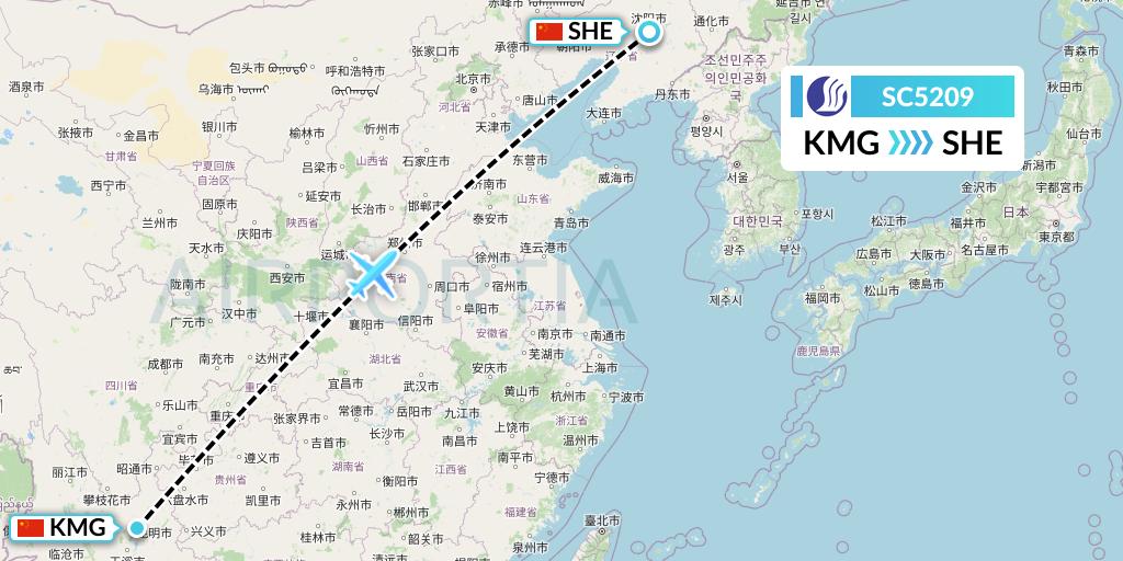 SC5209 Shandong Airlines Flight Map: Kunming to Shenyang