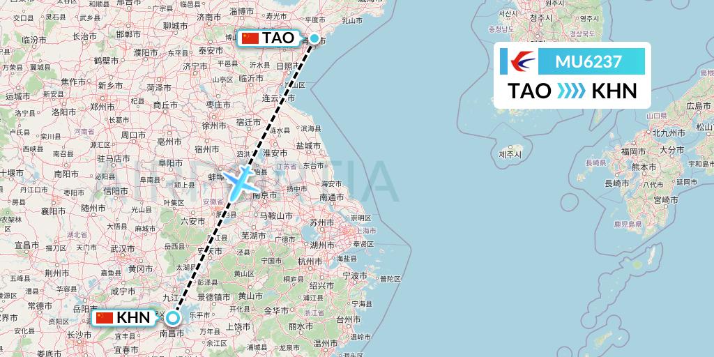 MU6237 China Eastern Airlines Flight Map: Qingdao to Nanchang
