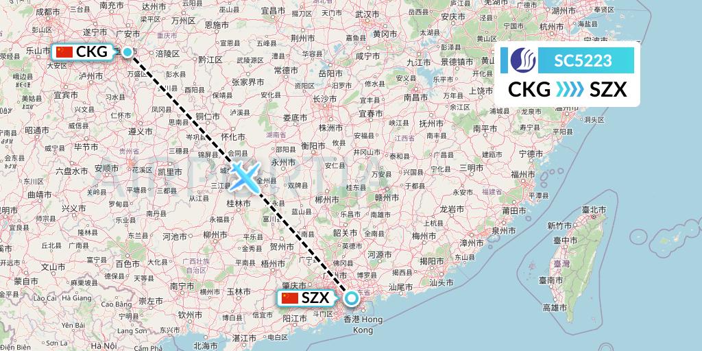 SC5223 Shandong Airlines Flight Map: Chongqing to Shenzhen