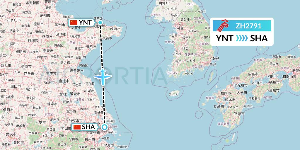 ZH2791 Shenzhen Airlines Flight Map: Yantai to Shanghai