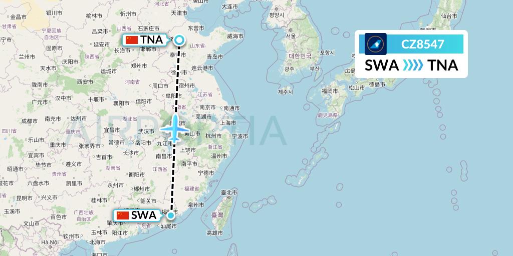 CZ8547 China Southern Airlines Flight Map: Jieyang to Jinan