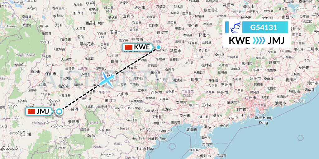 G54131 China Express Airlines Flight Map: Guiyang to Pu'er