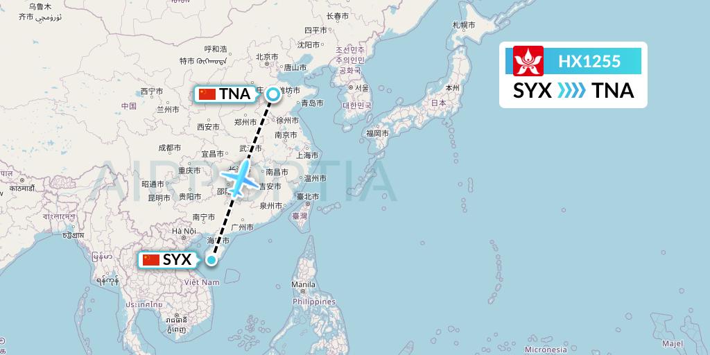 HX1255 Hong Kong Airlines Flight Map: Sanya to Jinan