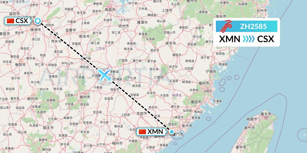 ZH2585 Shenzhen Airlines Flight Map: Xiamen to Changsha