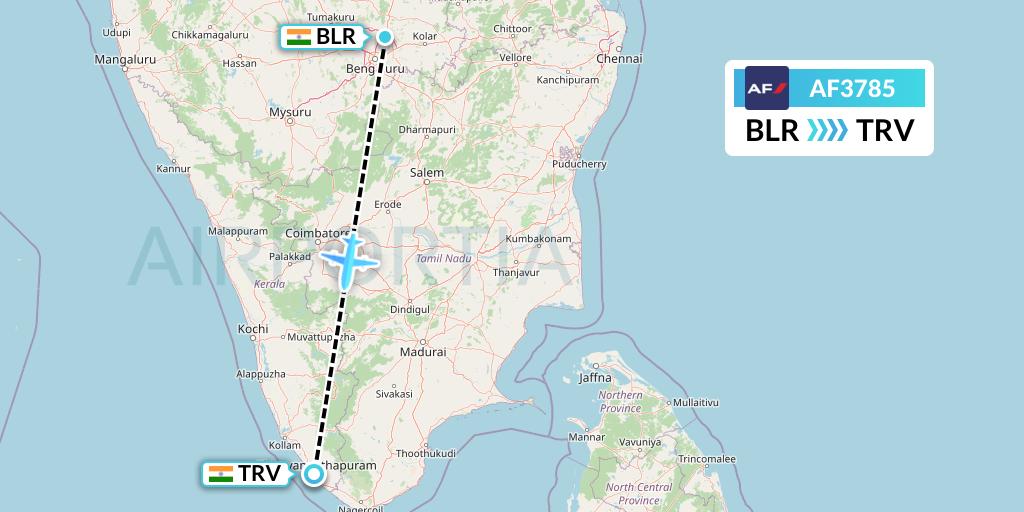 AF3785 Air France Flight Map: Bangalore to Thiruvananthapuram