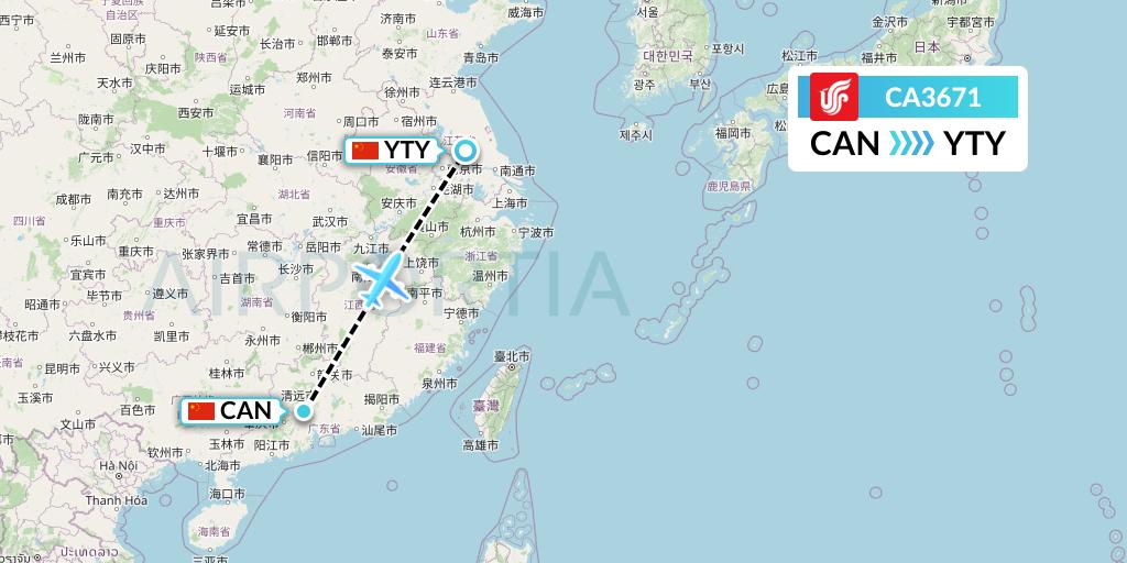 CA3671 Air China Flight Map: Guangzhou to Yangzhou