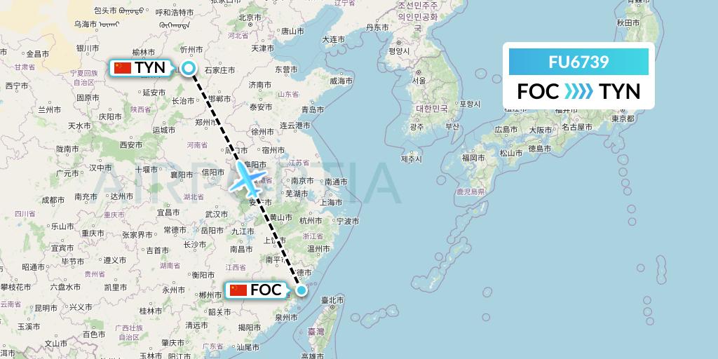 FU6739 Fuzhou Airlines Flight Map: Fuzhou to Taiyuan