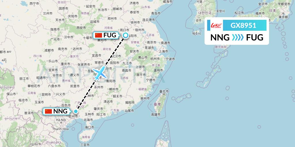 GX8951 GX Airlines Flight Map: Nanning to Fuyang