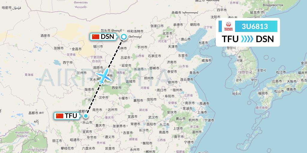 3U6813 Sichuan Airlines Flight Map: Chengdu to Dongsheng