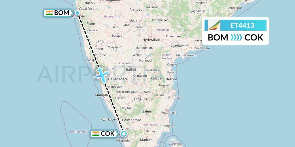 ET4413 Ethiopian Airlines Flight Map: Mumbai to Cochin
