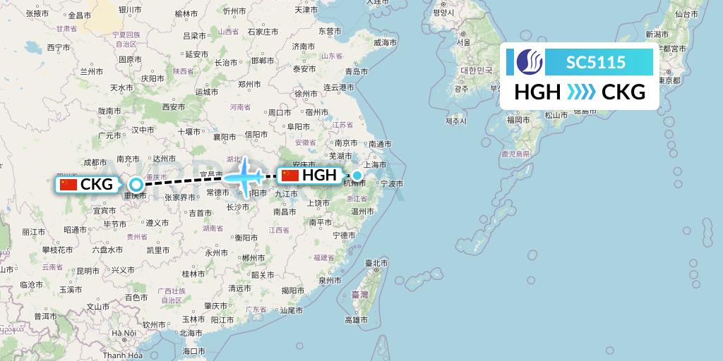 SC5115 Shandong Airlines Flight Map: Hangzhou to Chongqing