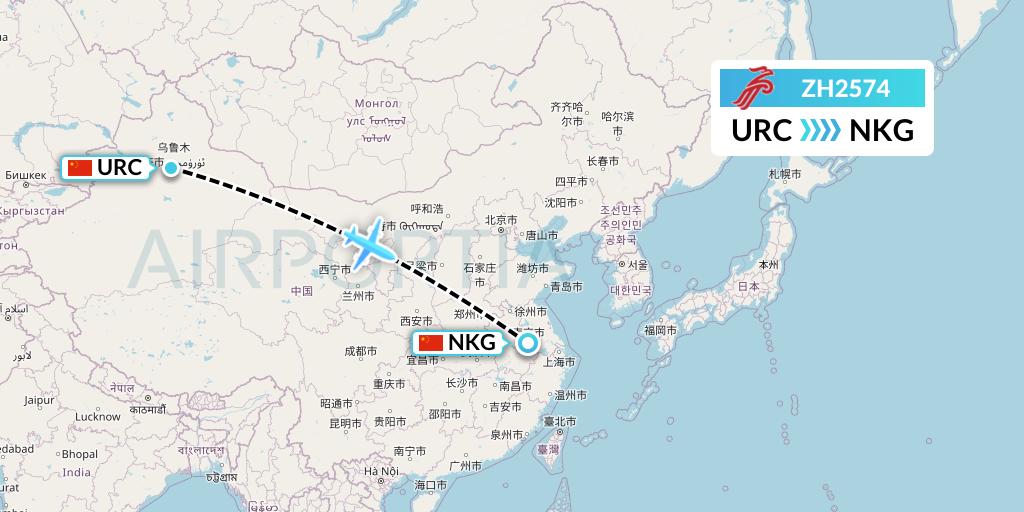 ZH2574 Shenzhen Airlines Flight Map: Urumqi to Nanjing