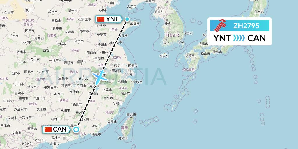ZH2795 Shenzhen Airlines Flight Map: Yantai to Guangzhou