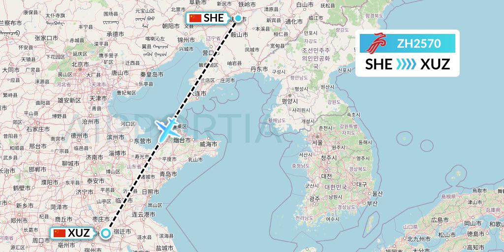 ZH2570 Shenzhen Airlines Flight Map: Shenyang to Xuzhou