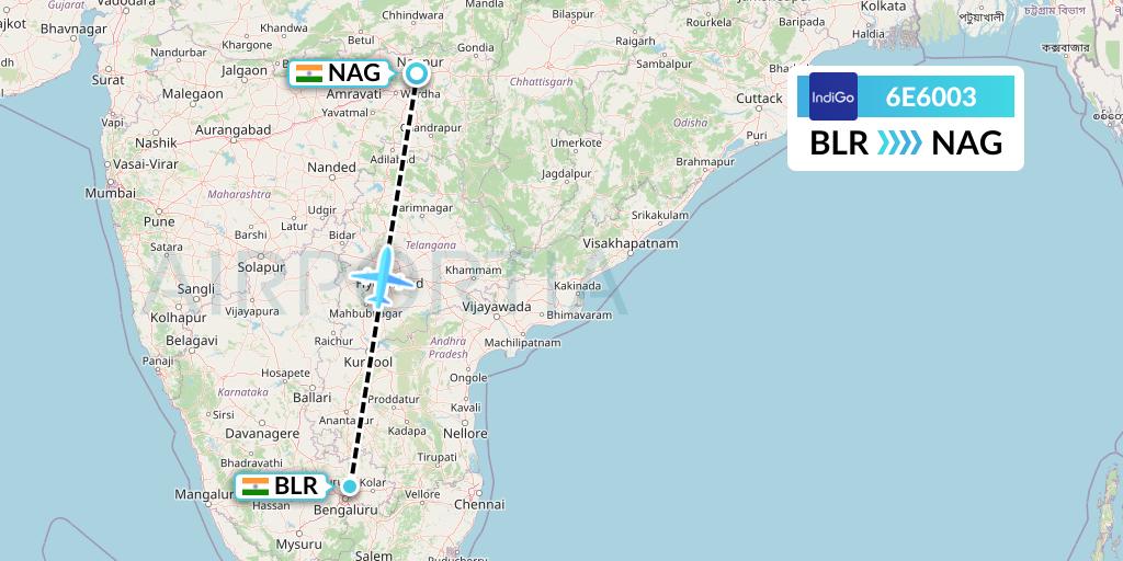 6E6003 IndiGo Airlines Flight Map: Bangalore to Nagpur