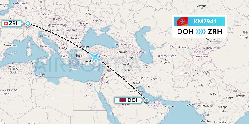 KM2941 Air Malta Flight Map: Doha to Zurich