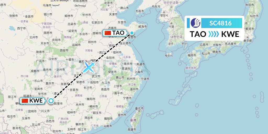 SC4816 Shandong Airlines Flight Map: Qingdao to Guiyang