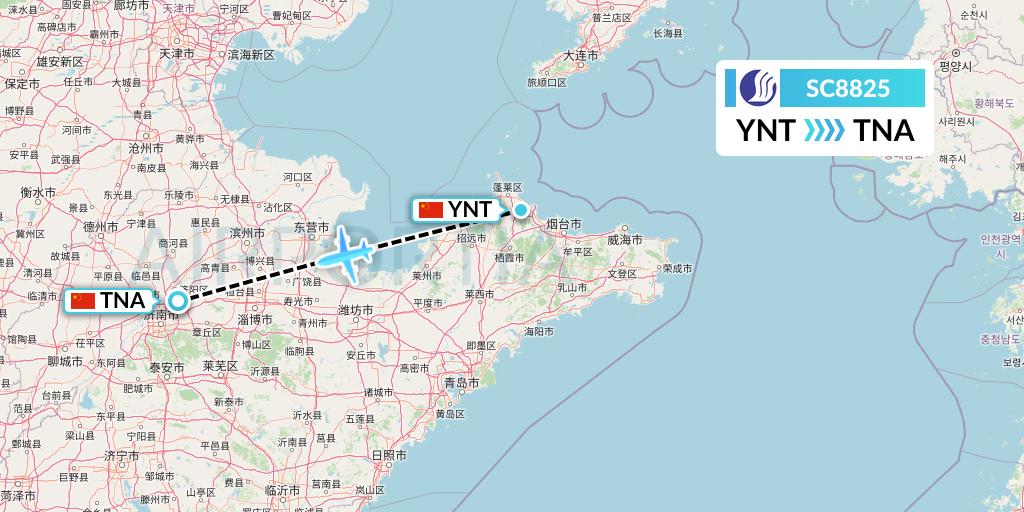 SC8825 Shandong Airlines Flight Map: Yantai to Jinan