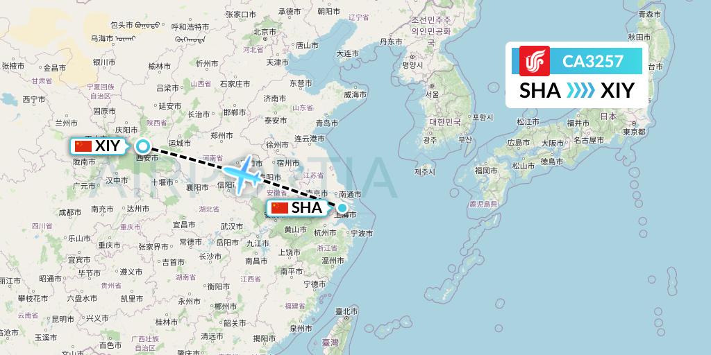 CA3257 Air China Flight Map: Shanghai to Xi'an