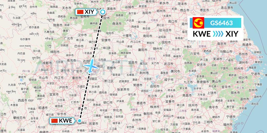 GS6463 Tianjin Airlines Flight Map: Guiyang to Xi'an