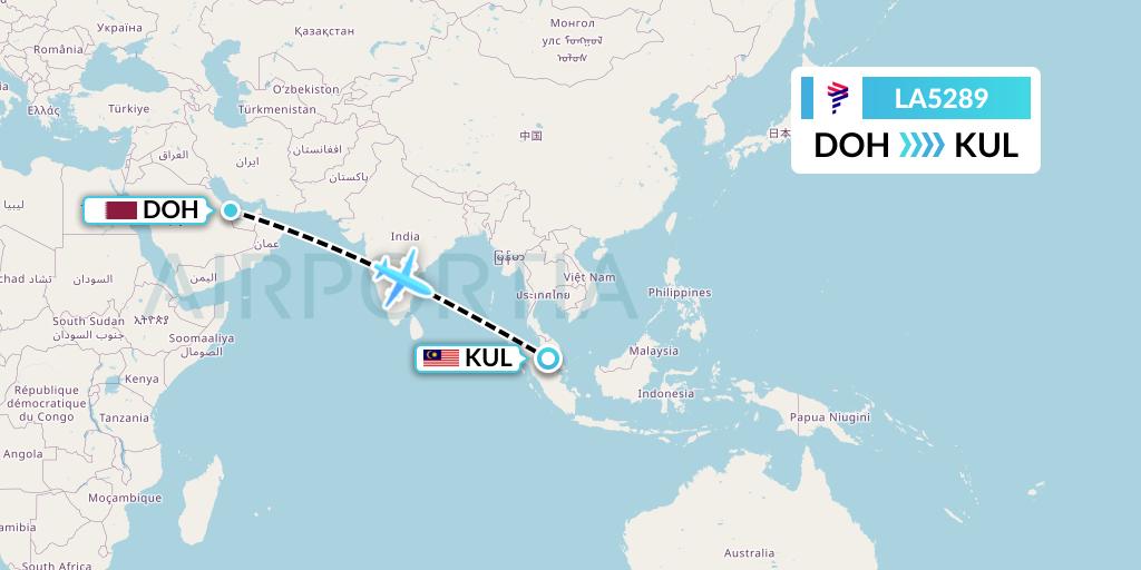 LA5289 LAN Airlines Flight Map: Doha to Kuala Lumpur
