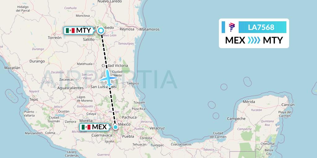 LA7568 LAN Airlines Flight Map: Mexico City to Monterrey